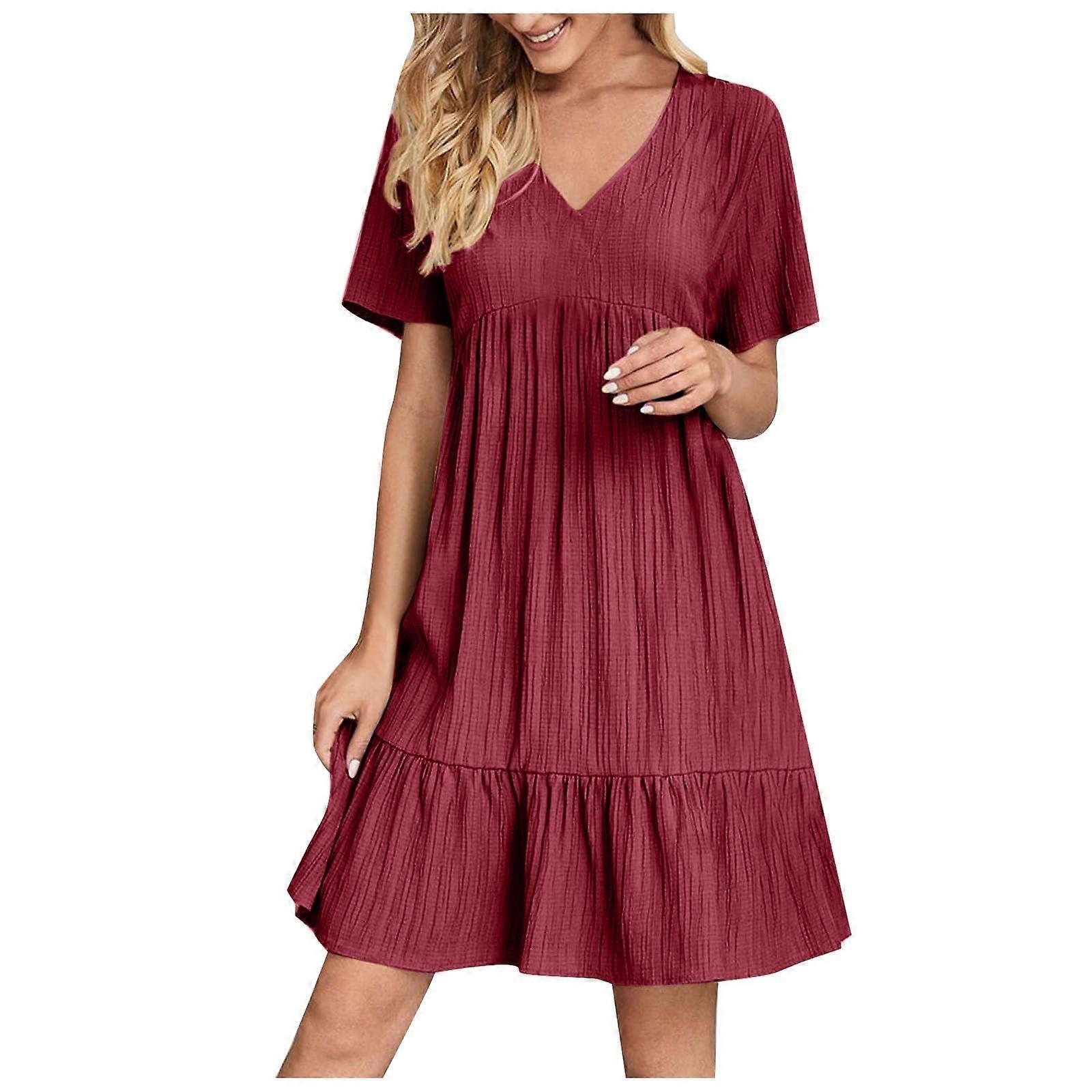 Women's Elegant Dresses Casual Midi Short Sleeve V Neck Pleated Tiered A  Line Flowy Ruffle Sundress Burgundy XL | Fruugo UK