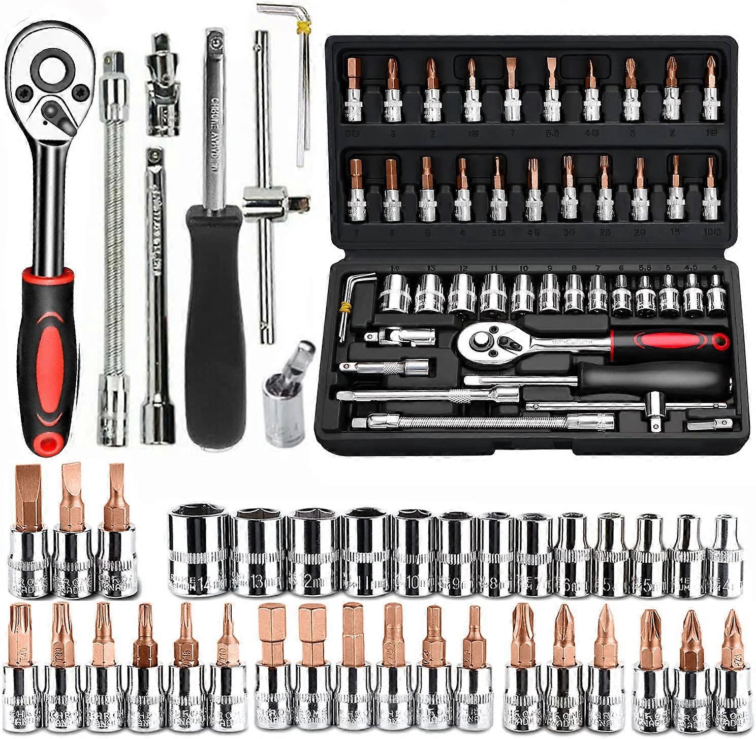 46 PCS Metric Socket Wrench Set with Quick Release Ratchet, 1/4 Inch Drive, Compact Case for Auto