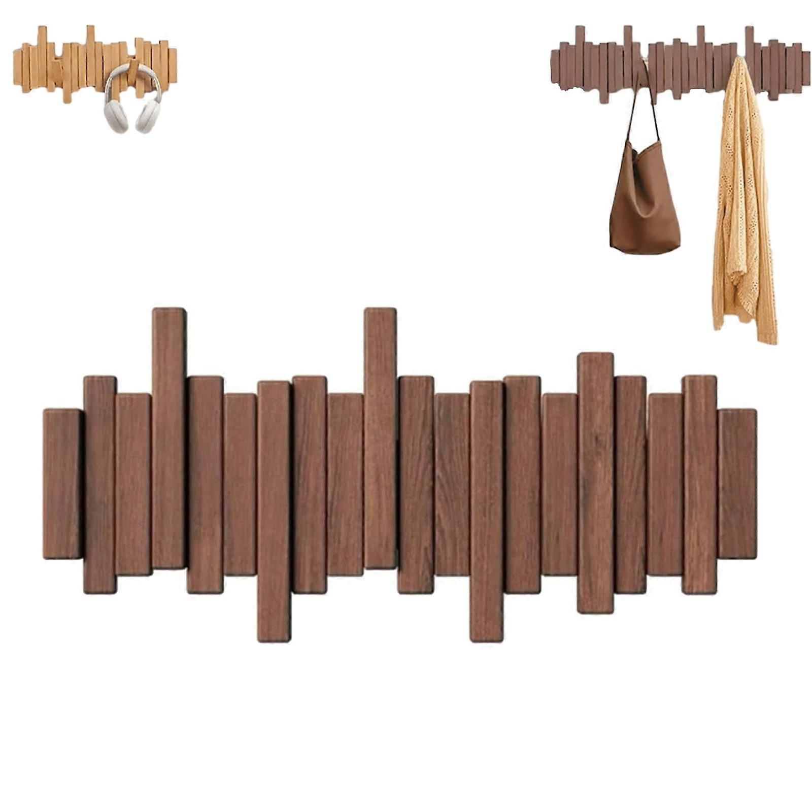Wall Mounted Wooden Coat Rack with FlipDown Hooks, Heavy Duty Solid Wood, Walnut, 6 Hooks