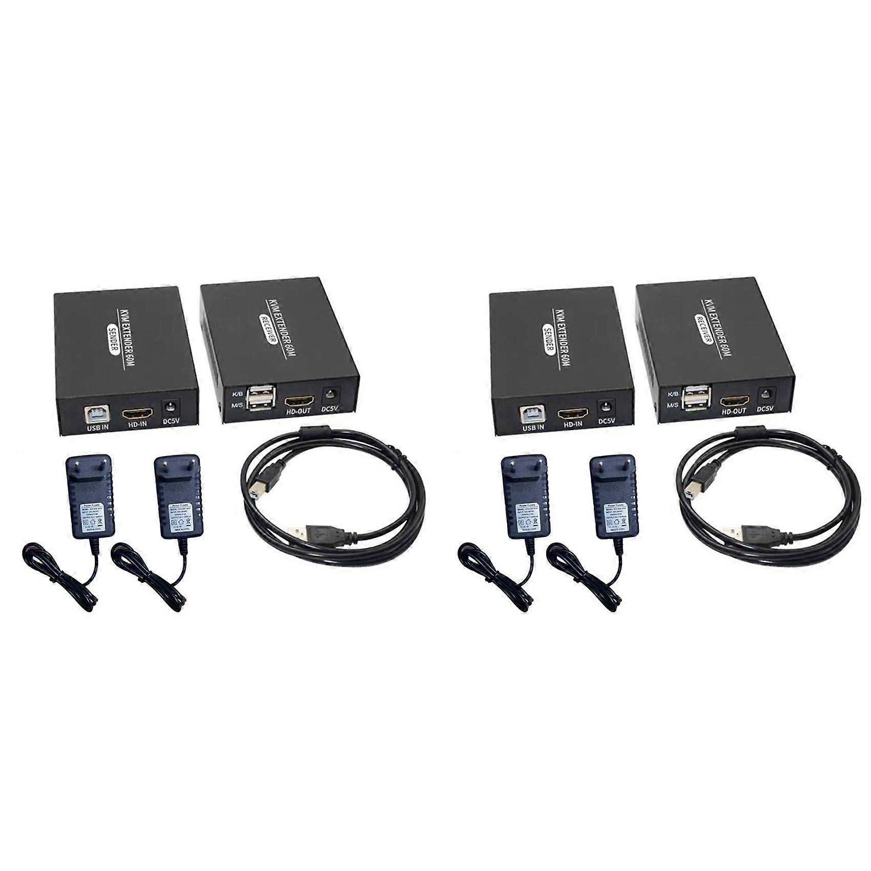 2pcs 60M HDMI-Compatible KVM Extender HDMI-Compatible USB KVM Ethernet Extender Transmitter Receiver EU Plug