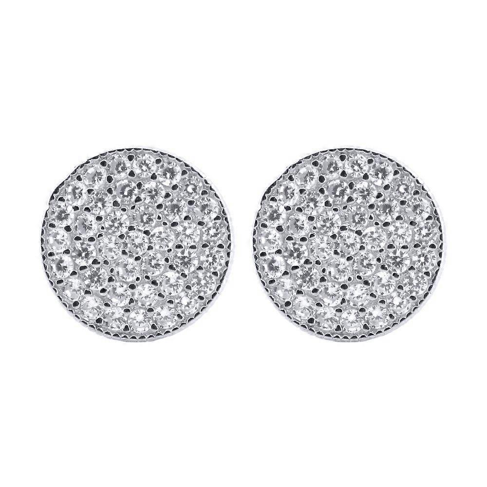 Jewelco London Rhodium Silver Round CZ Encrusted Round Flat Disc Stud Earrings