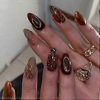 Almond Press on Nails Gold and Brown Butterfly Design Medium Length Acrylic Glue on Reusable