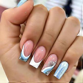 Press on Nails Medium French Coffin Blue Glitter Flower Nude Glossy Fake Nails 24pcs