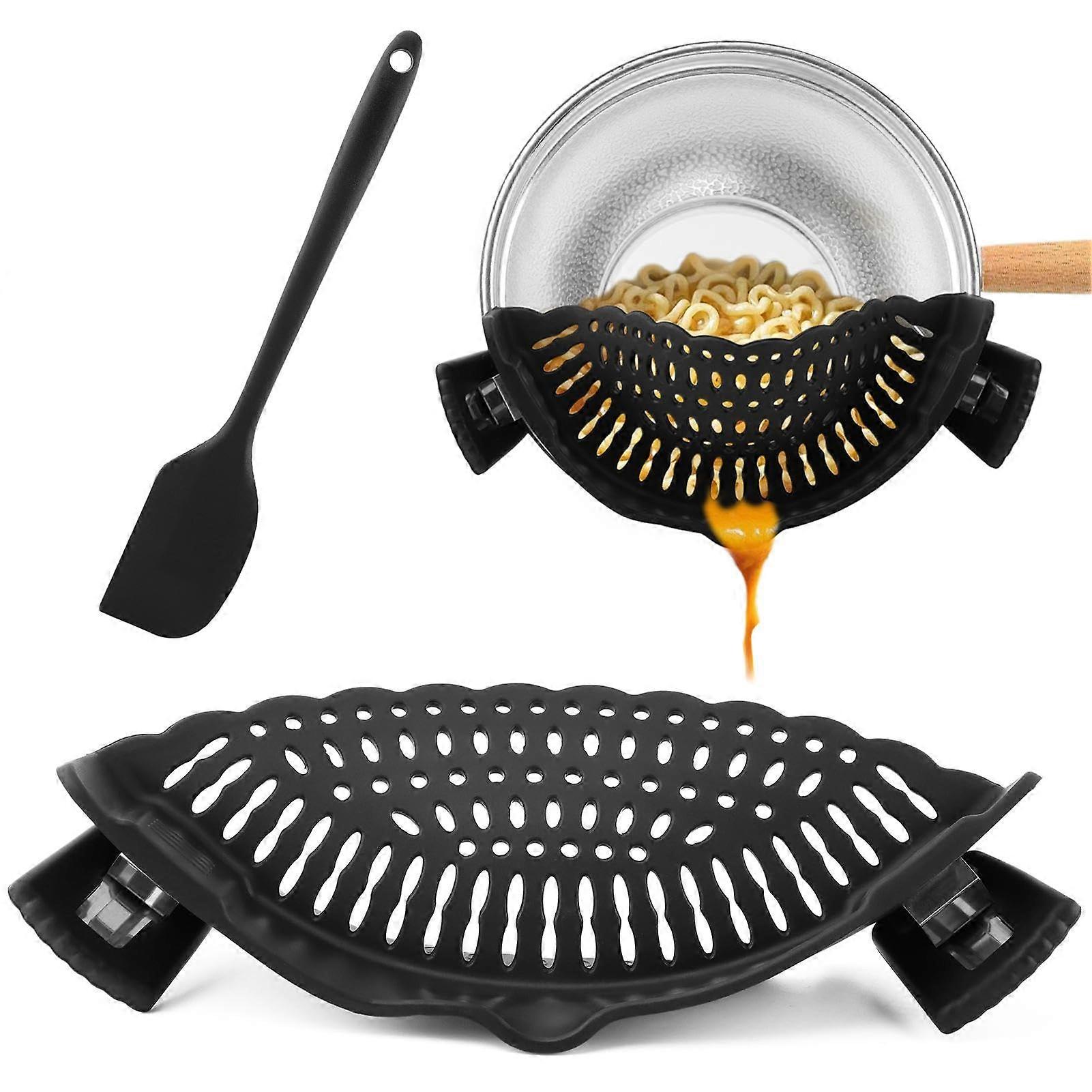 Silicone Clip On Strainer with Scraper, Adjustable Pasta Strainer for Pots and Pans, Space Saving Colander
