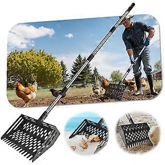 Chicken Coop Cleaning Tools 2in1 Heavy Duty Metal Poop Scooper with Adjustable Handle and Rake