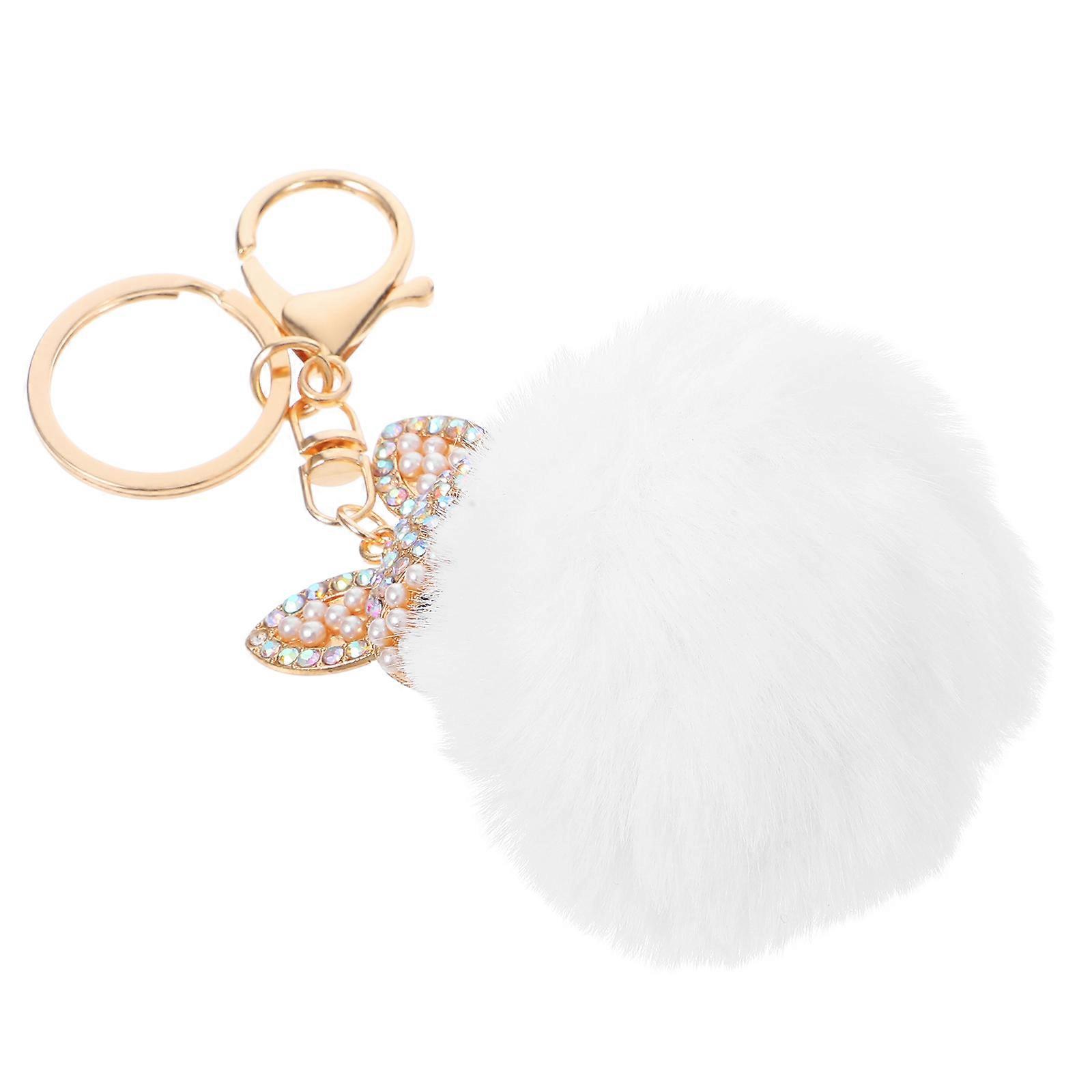 Fluffy Ball Keychain with Pearls Rhinestones Inlay for Womens Bag
