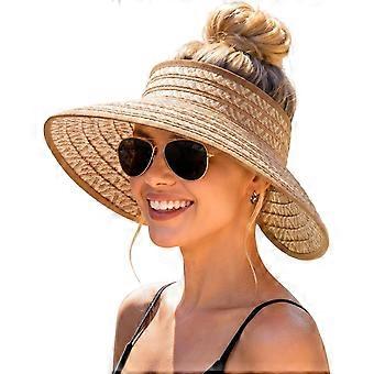 Solhatter for kvinner Stråhatt med visir Bred brem Hestehale Sommer UPF 80+ Pakkbar Sammenleggbar Feriehatter