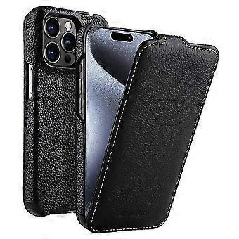 MELKCO Kompatibel für iPhone 15 Pro Max Hülle Litschi Textur Echtes Rindsleder + PC Vertical Flip Cover