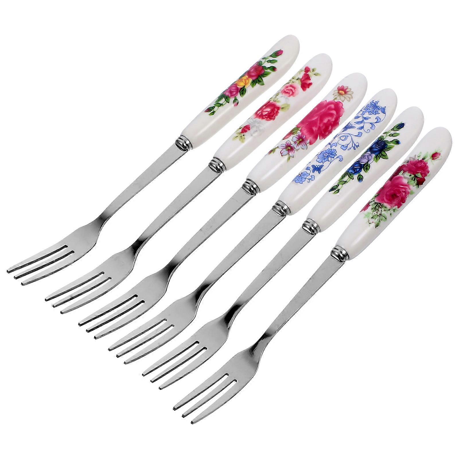 6Pcs Ceramic Handle Dessert Fork Multi-function Small Fork Portable Fruit Fork Dessert Supply