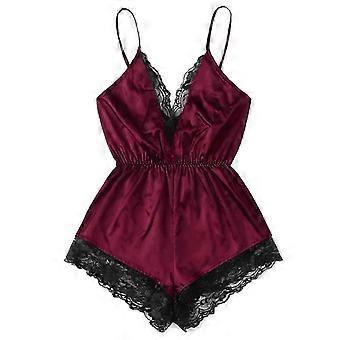 Body da donna con scollo a V in pizzo, pigiama sexy, intimo rosso vino, taglia L, materiale morbido, abbigliamento da notte alla moda