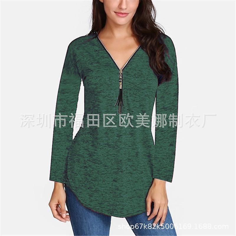 2022 Vår och höst Ny V-ringad tofs dragkedja Swallow Tail Enfärgad Fritid Långärmad T-shirt Kvinna