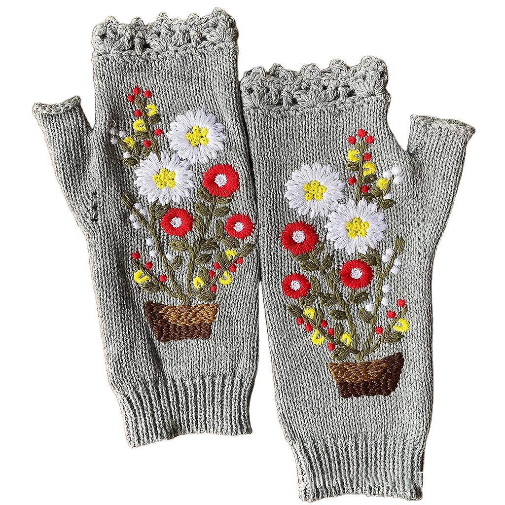Gestrickte fingerlose Handschuhe dehnbare Blumenstickhandschuhe elastische Fäustlinge