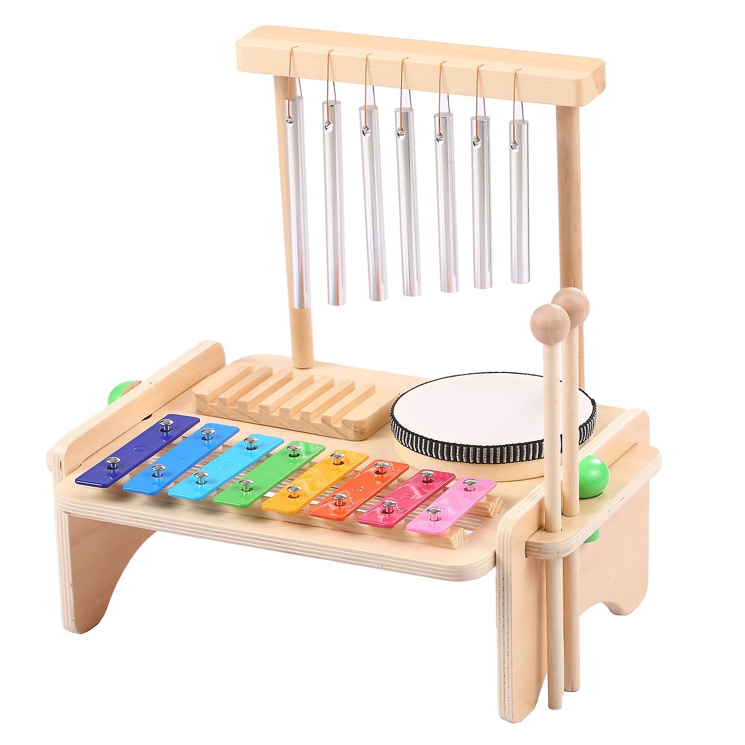 Wind Chime Combination Set Kids Drum Set Windchime Xylophone Drum Wood Guiro Scraper 4-in-1 Musical