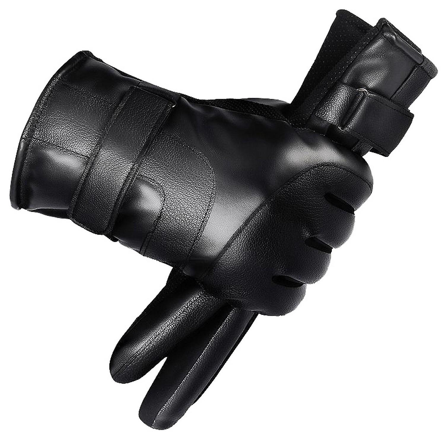 1 Pair Fleece Lining Buttons Cuffs Full Finger Men Gloves Winter Windproof Touch Screen Faux Leather