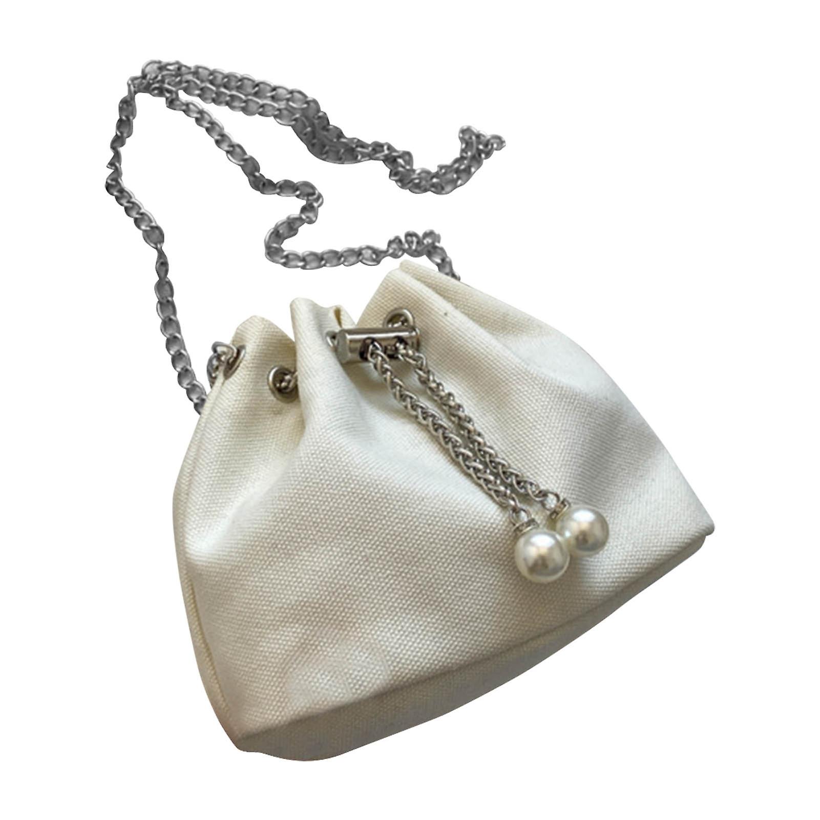 Women Bucket Shoulder Bag Autumn Stylish Large Capacity Hardware Chain Canvas Small Bucket Bag for Daily Party Shopping Beige Free Size