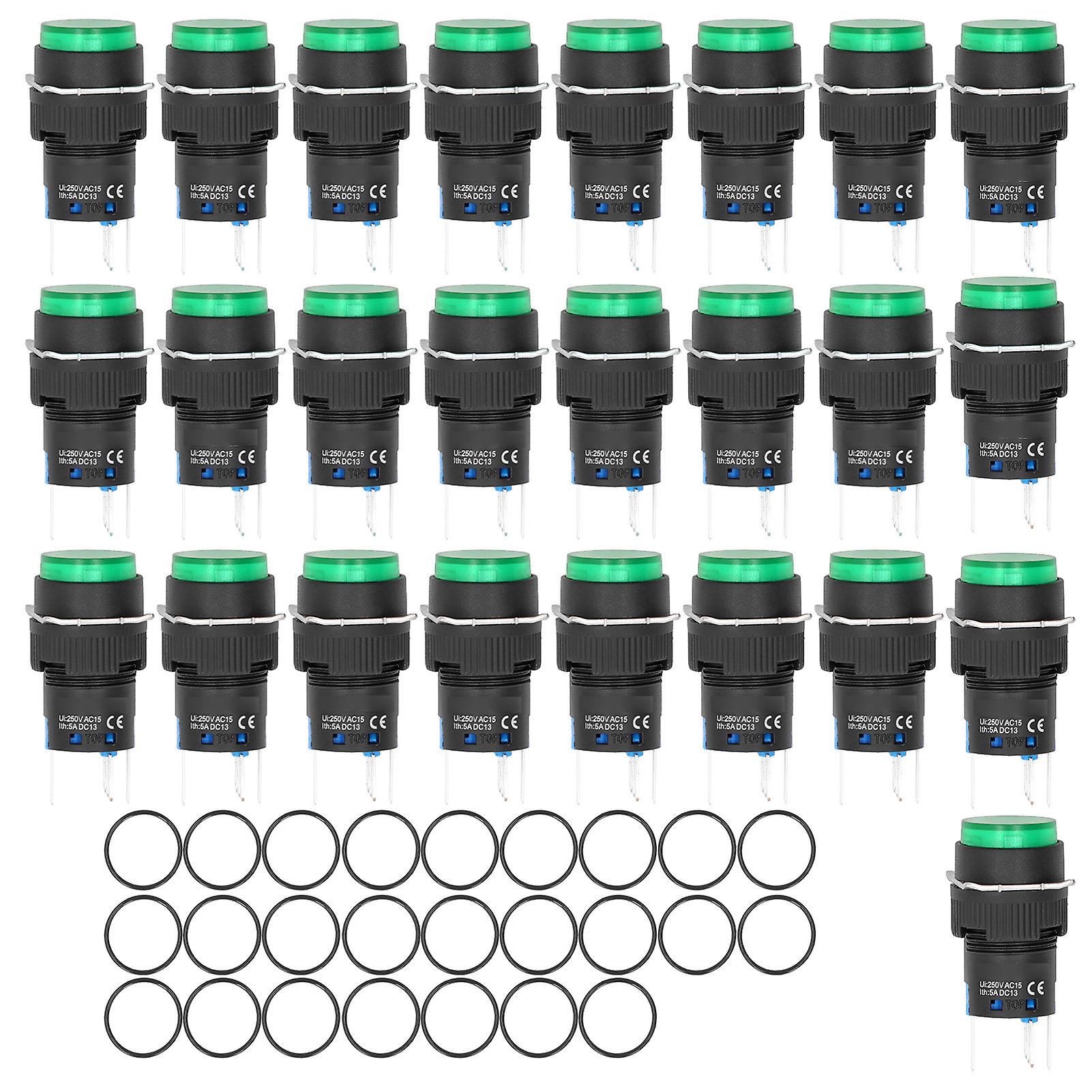 25PCS Green 16mm Mini Round Push Button Switch - Self-Return, Lighted, 12V for Automation