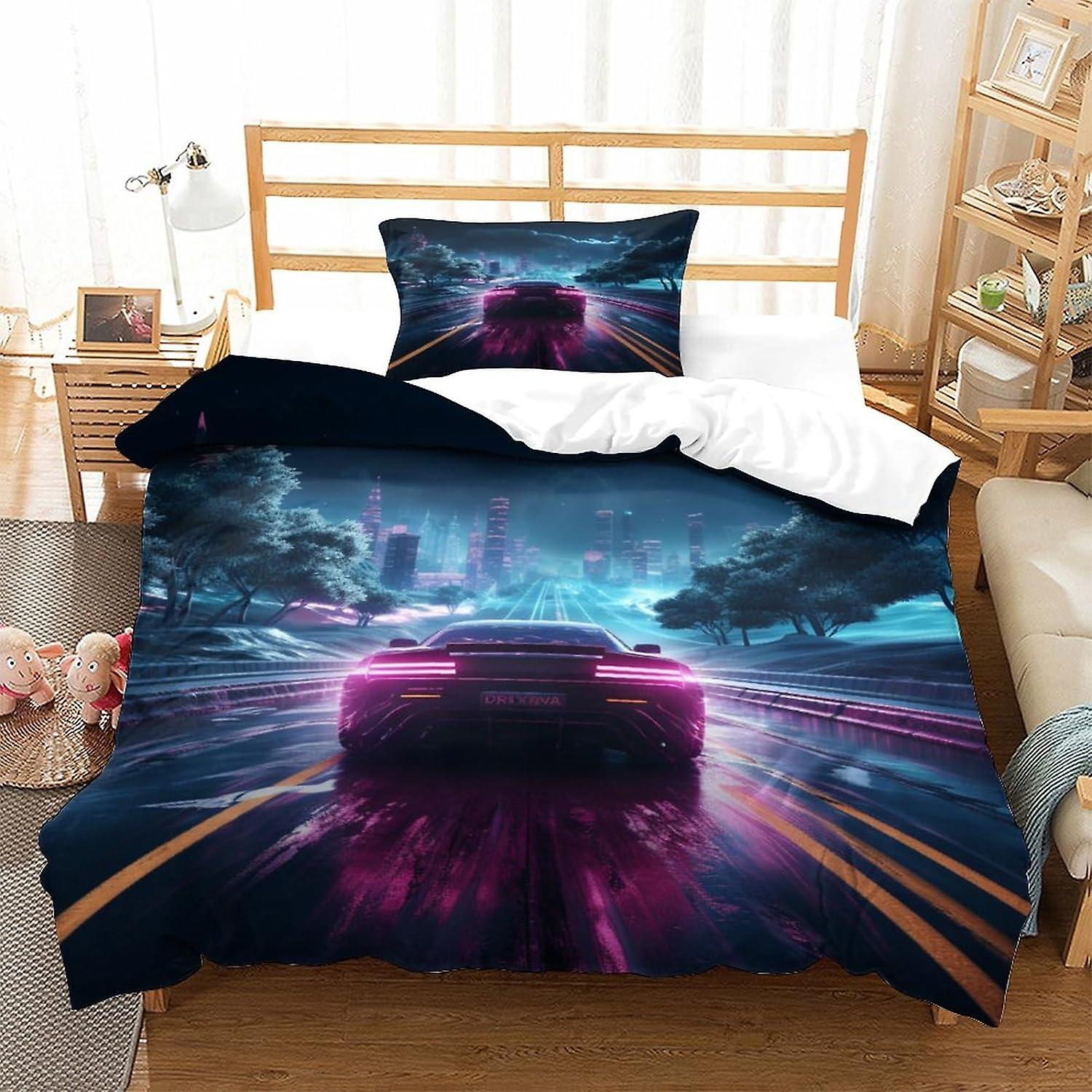 Car Racing Bedding Set 3D Neon Duvet Cover Set, Soft 100