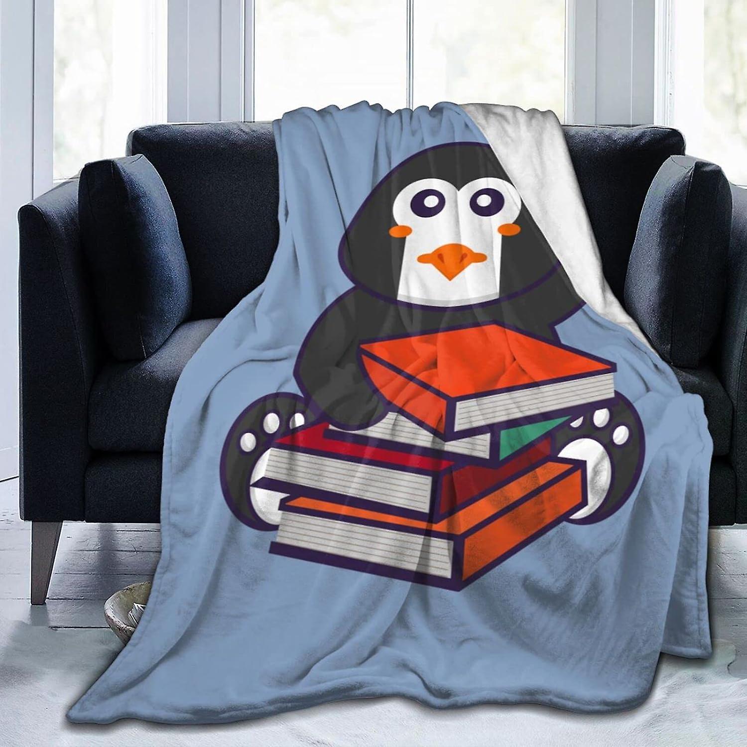 Printed Flannel Blanket, Penguin Reading A Book Throw Blanket, Soft Throw, Warm Anti-Pilling Blanket for Sofa Bed Couch Throw