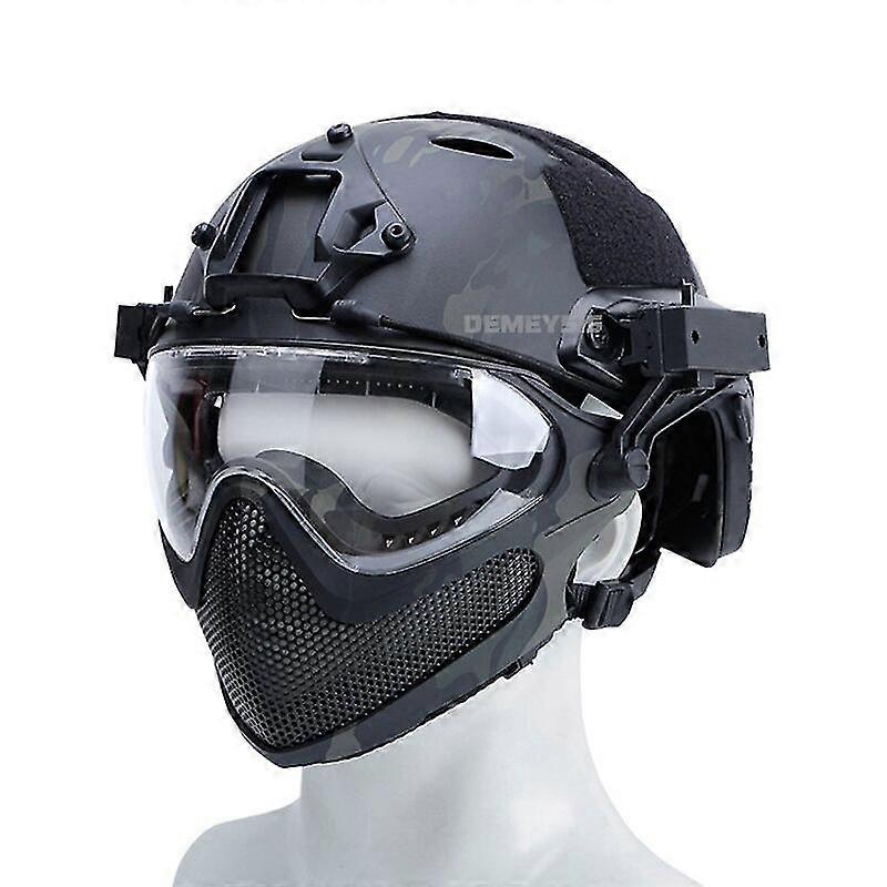 Jianghuo Tactical Hjelm Mask Goggle Sett Utendørs Airsoft Paintball Hjelm Med Goggles Fast Pj Hjelmer Cs Game Full Face Protection
