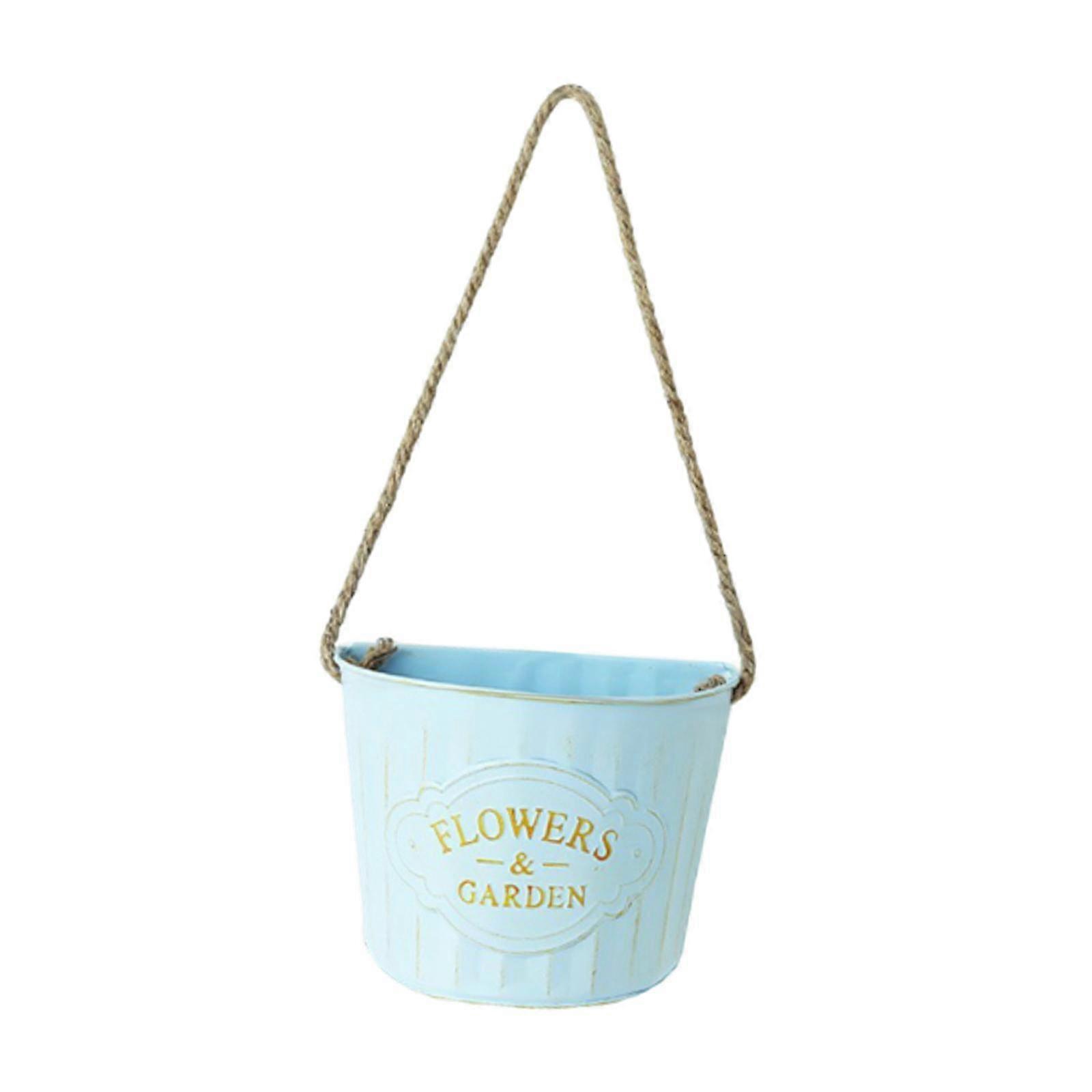 Semicircle Bucket Hanging Flower Pot Planter with Rope for Balconies, Patios Blue