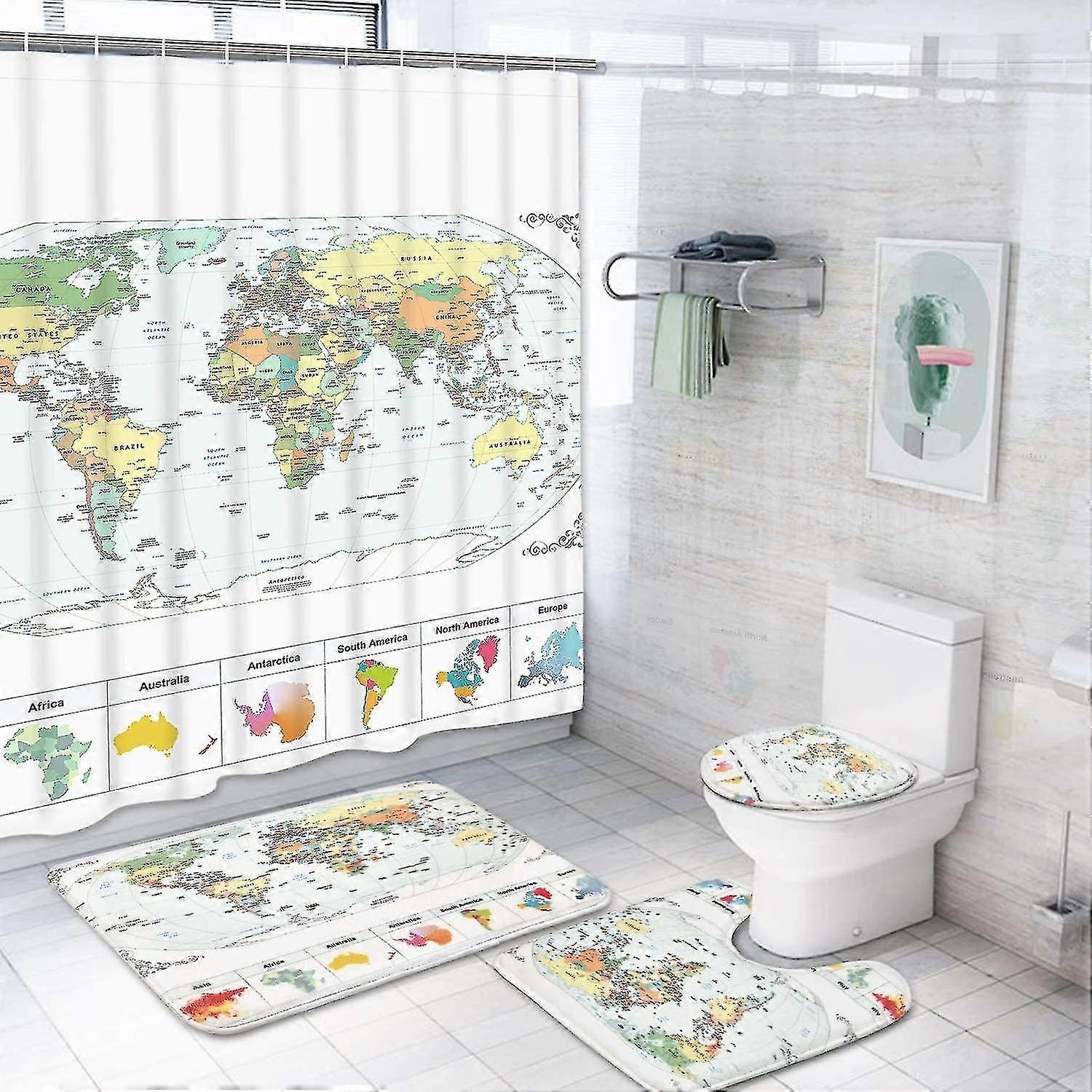 Set Of 4 World Map Shower Curtains With Non-slip Mat, , Bath Mat, World Geography Shower Curtains With 12 Hooks, Waterproof Fabric