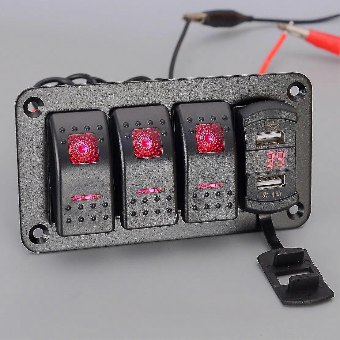3 Gang Rocker Toggle Switch Panel Dual USB Port for 12V-24V RV Car Truck UTV ATV Marine Boat Caravan Red LED Voltmeter Universal