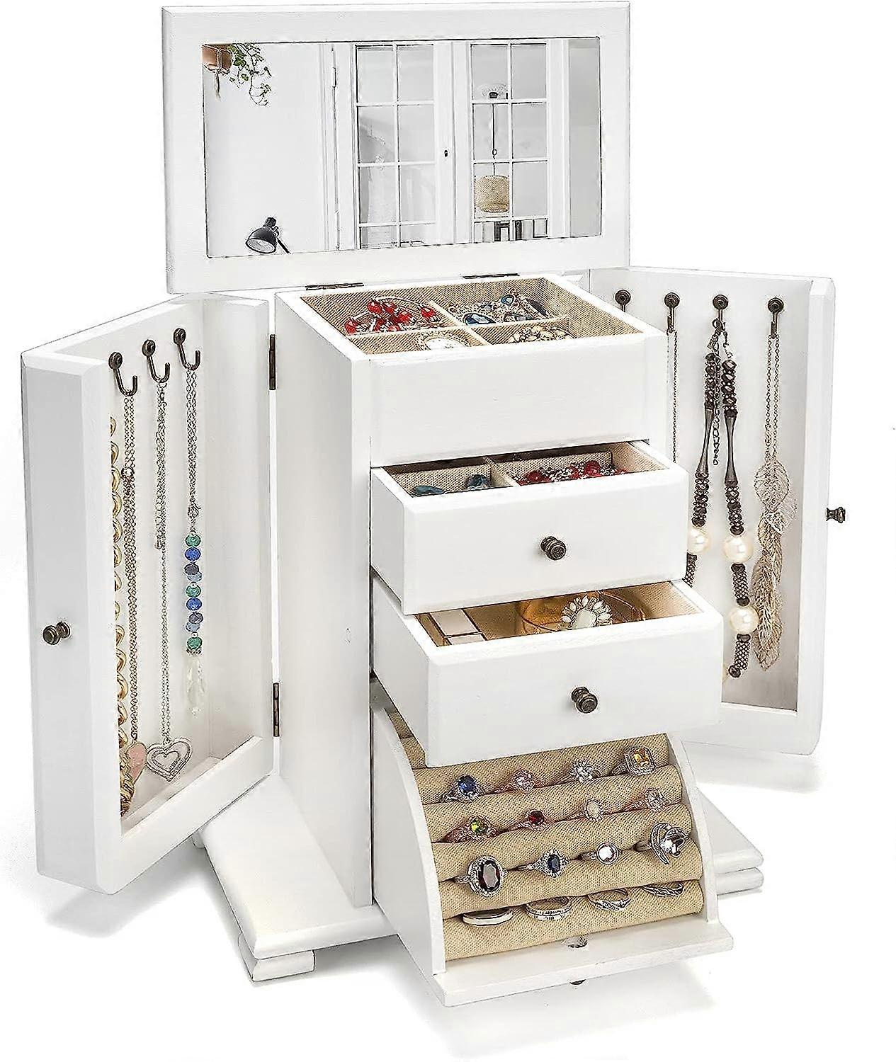 صندوق مجوهرات للنساء ، صناديق مجوهرات خشبية ريفية ومنظمات مع مرآة ، 4 طبقات صندوق منظم مجوهرات عرض للخواتم أقراط قلادات براسيل
