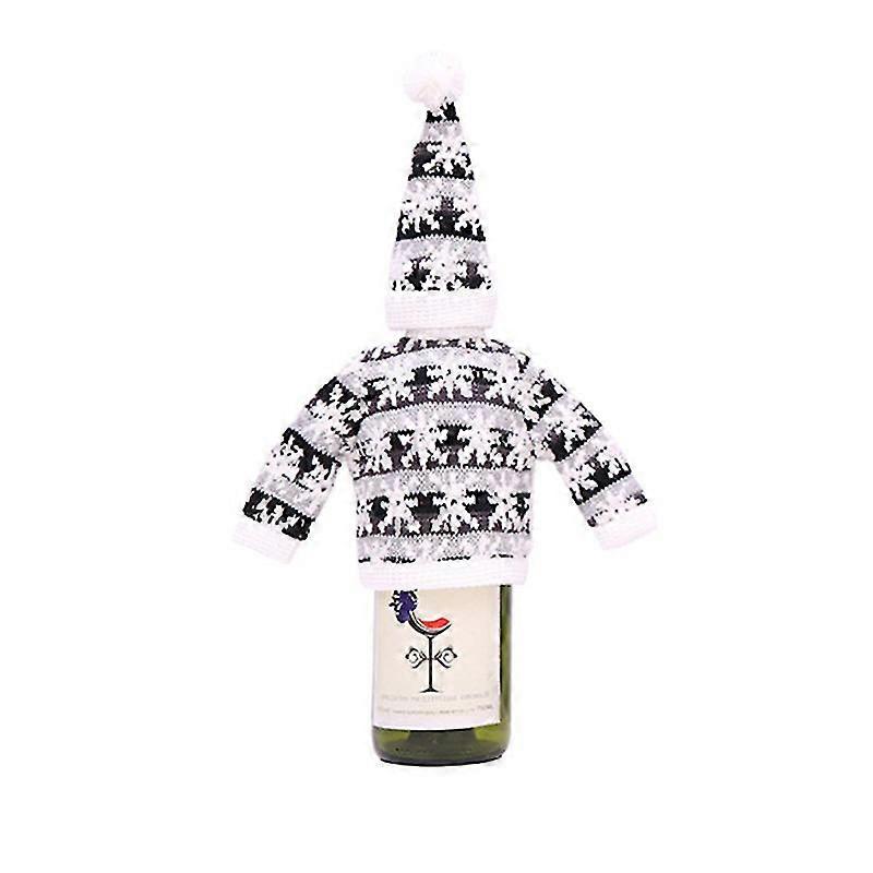 Christmas Wine Bottle Decoration Champagne Red Wine Bottle Knitted Clothes Sweater And Hat (black And Grey Snowflake)
