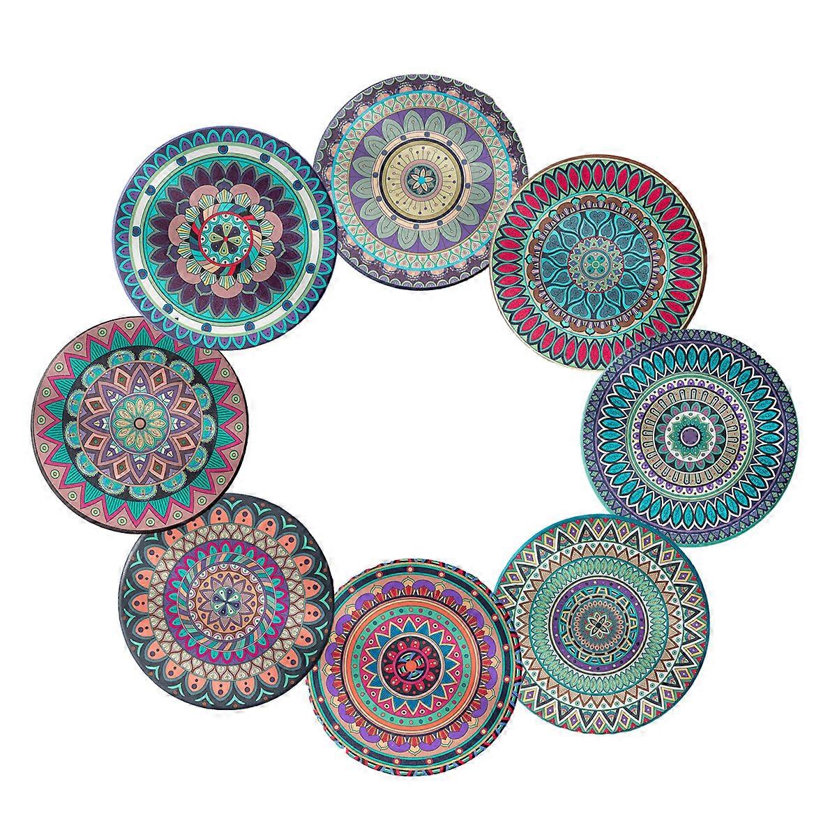Mandala Coasters with Brackets - Set of 8 Ceramic Bohemian Coasters with Cork Base for Beverage Attachment Coasters for Coffee Tables, Wooden Bars, Mu