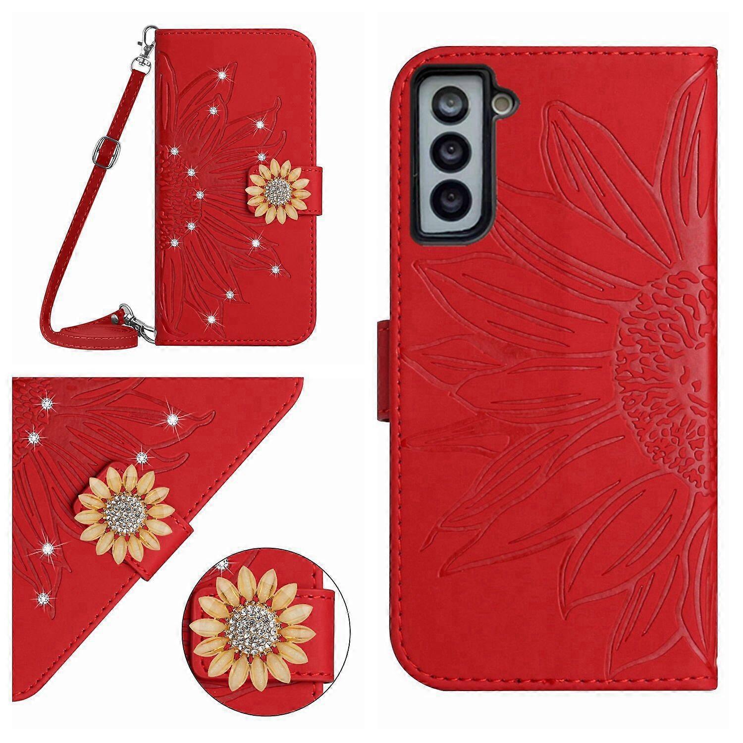 Compatible With Samsung Galaxy S21 FE Embossed Sunflower with Diamonds Magnetic Card Holder Wallet Phone Case with Shoulder Strap