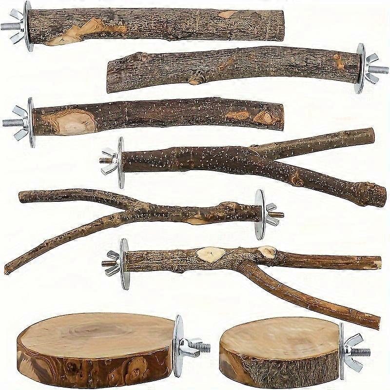 8pcs Natural Wood Bird Perch Toys, Wooden Parrot Stand Fork Toys, Hanging Multi-Branch Platform Hammock Swing Toy For Birds