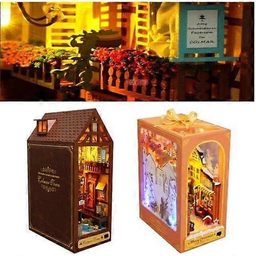 3D Wooden Book Stand Puzzle DIY Book Nook Miniature Kit with LED Light,100% New
