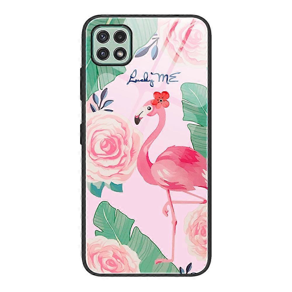 For Samsung Galaxy A22 5G (EU Version) Pattern Printing Hybrid Shockproof Case Hard Tempered Glass+PC Back Soft TPU Frame Shock Absorption Cover