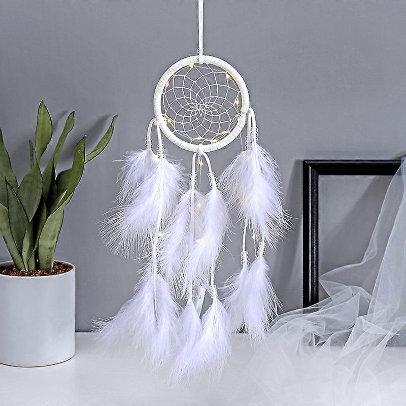 With light-Dreamcatcher Dreamcatcher with Beads and Real Feathers White
