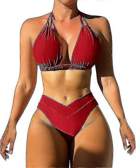 Casual Bikini Set För Kvinnor Solid Halterneck Ärmlös Push Up Hög Midja Underkläder Och Tight Beskuren Brief 2