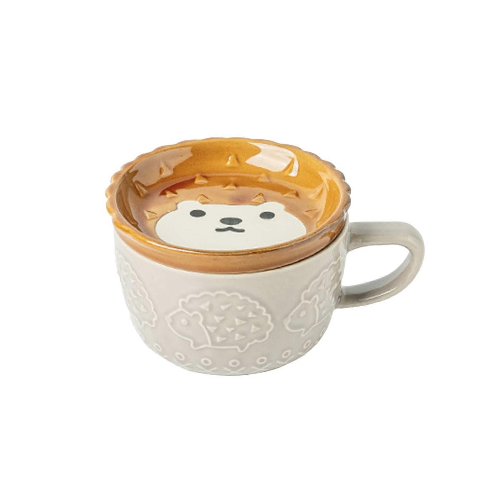 Tasse à café en céramique avec couvercle et anse, motif hérisson mignon