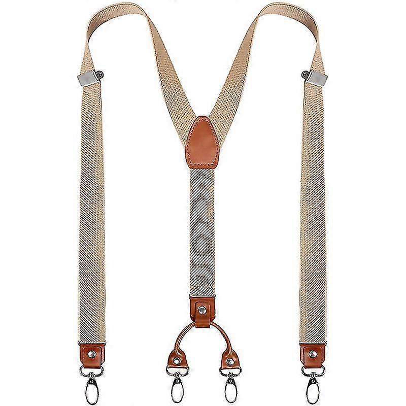 Mens Y-shaped Wide Heavy Duty Suspenders With 4 Metal Clips Adjustable Elastic Straps beige