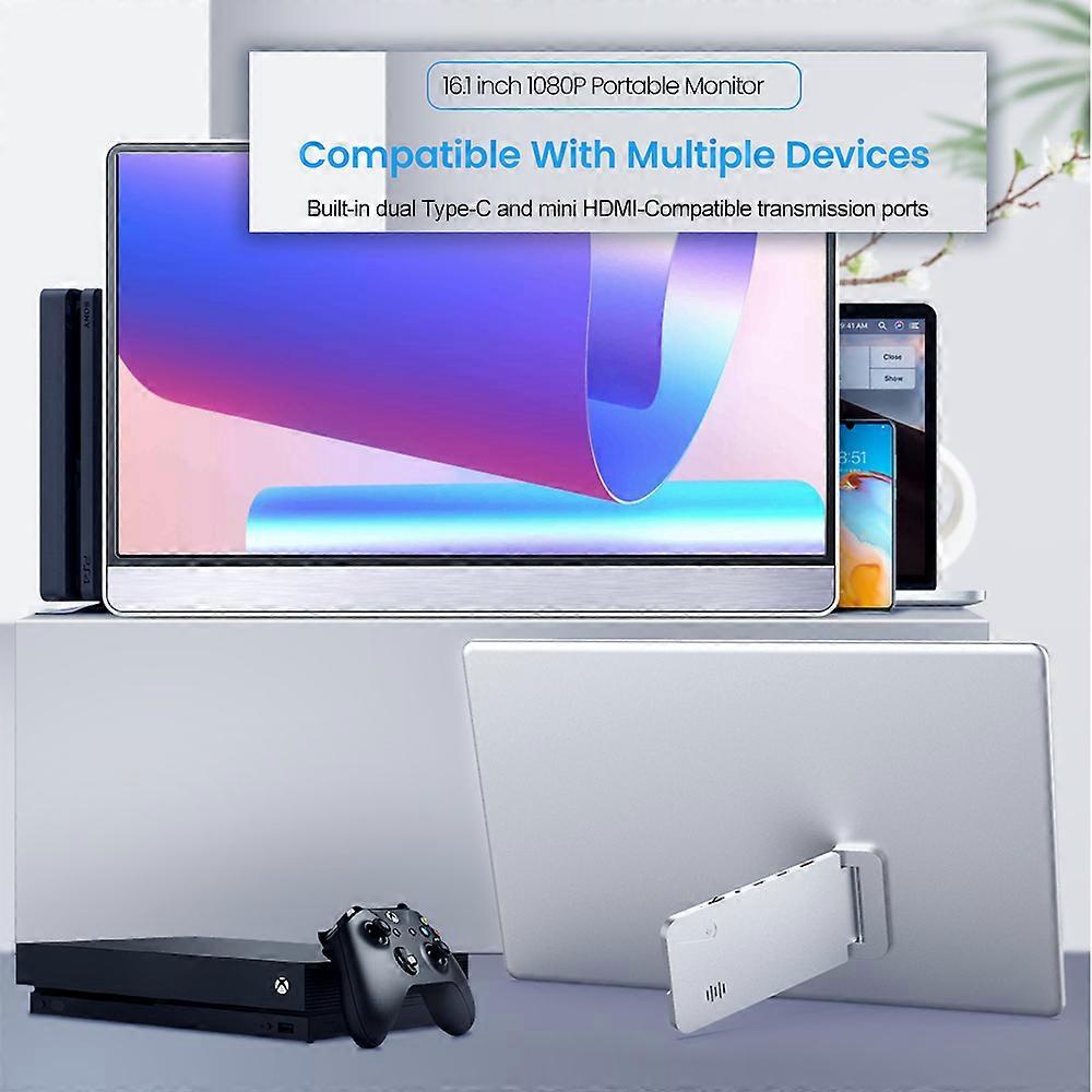 16.1Inch Portable Monitor FHD 1080P IPS Monitor with Kickstand 178° Wide View External Display Built-in Speaker for Laptop/PC/Computer