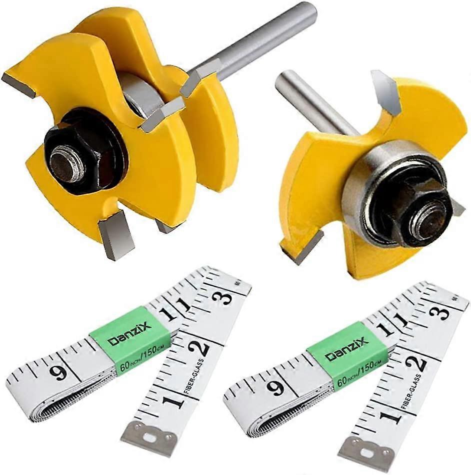 Grooving Drill Bit Set of 2, Wood Door Flooring 3-Tooth T-Shape Adjustable, 1/4" Shank Woodworking Router Saw Tool + 2-Piece 5' Soft Tape Measure