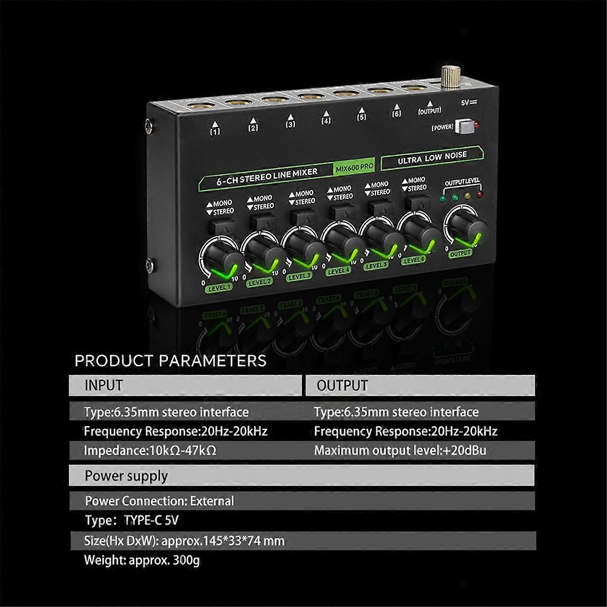Mini Audio Mixer 6 Channel Stereo Line Mixer DC5V Microphone Control Mixer for Professionals Beginners (EU)
