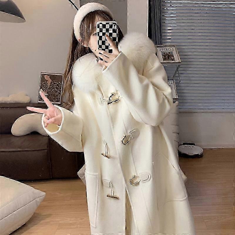 Women's Woolen Coat with Fleece Lining Spring White Horn Button Jacket