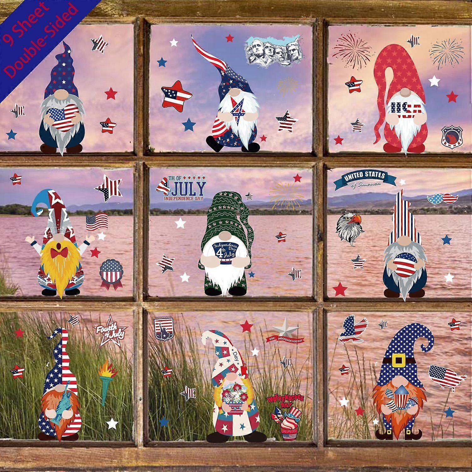 9 Sheets Independence Day Gnome Static Window Clings- Double Sided Faceless Doll Window Decals Stickers in for Spring Home Cafe Restaurant Glass Door