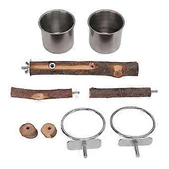 Supporto in legno per pappagalli con ciotola per cibo in acciaio inossidabile, supporto per mangiatoia per cibo, set di mangiatoie per gabbia per uccelli