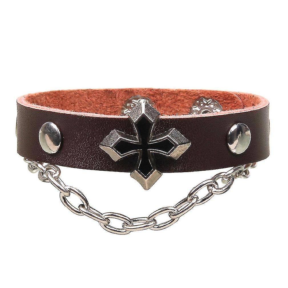 Rivet Leather Bracelet With Alloy Cross Chain