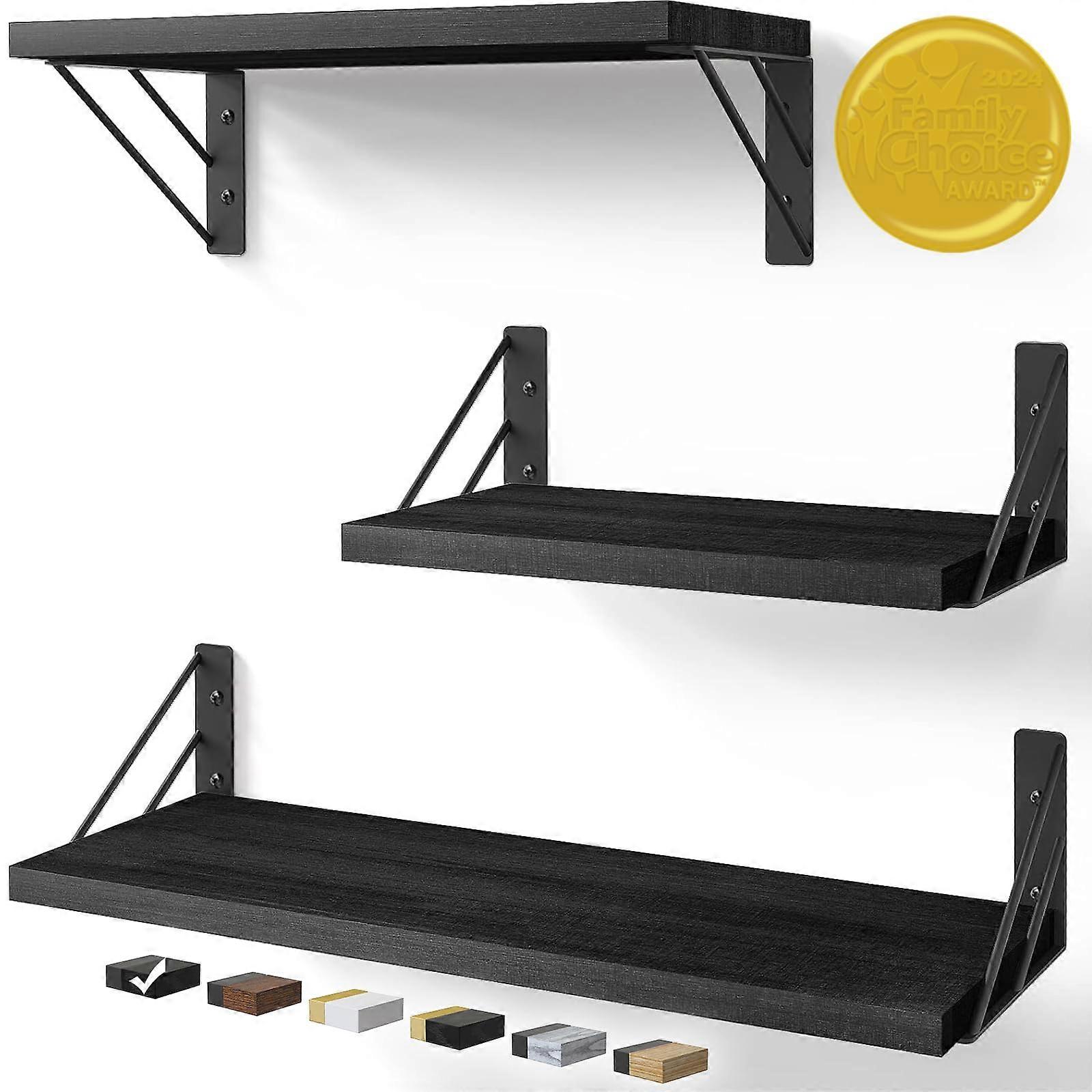 3 Set Floating Rustic Wood Wall Shelves for Bedroom Decor and Storage
