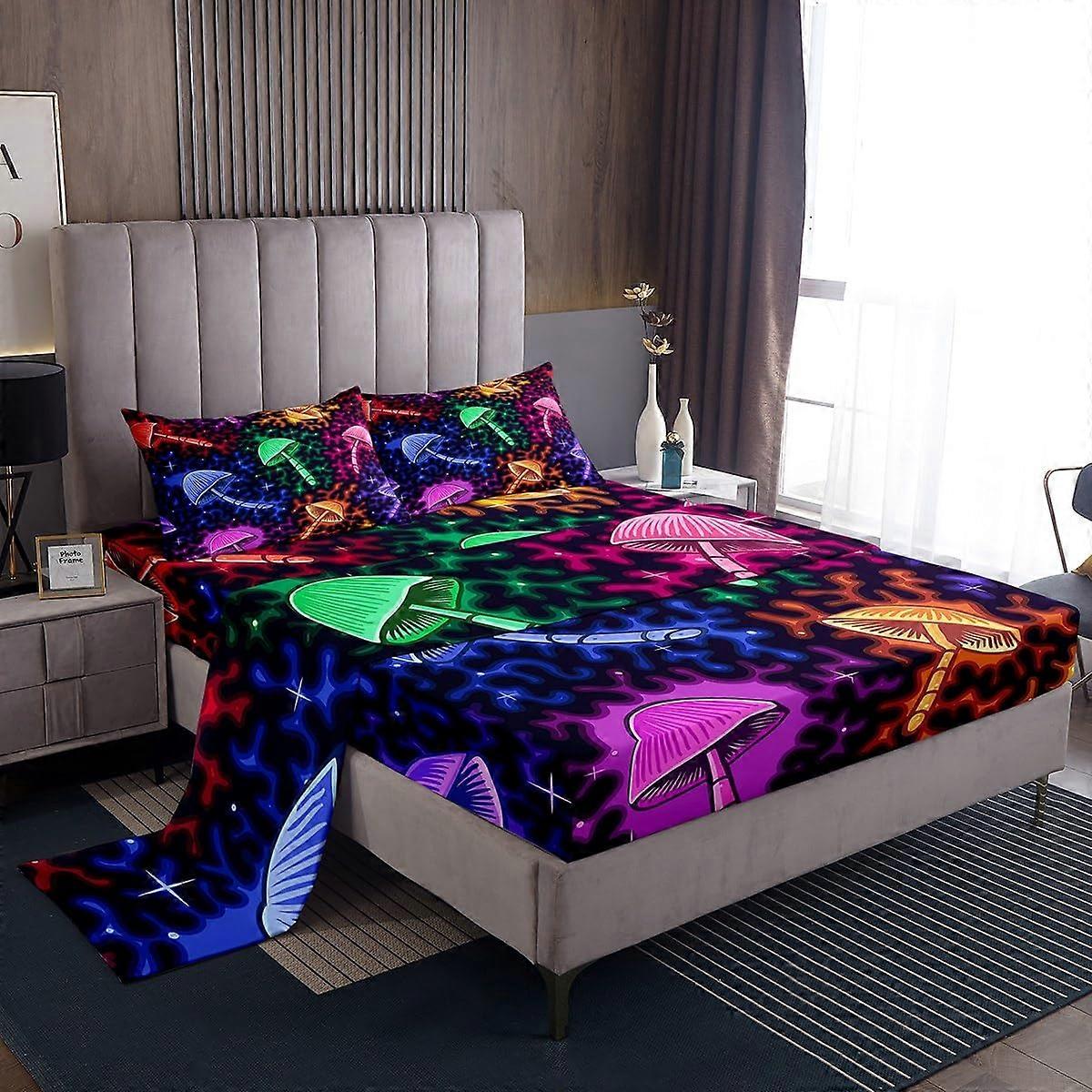 Glowing Mushroom Bed Sheet Set, Colorful Neon Gradient Full Size Bedding with 4 Pieces: Flat, Fitted, 2 Pillow Cases, Rainbow Leopard Pattern