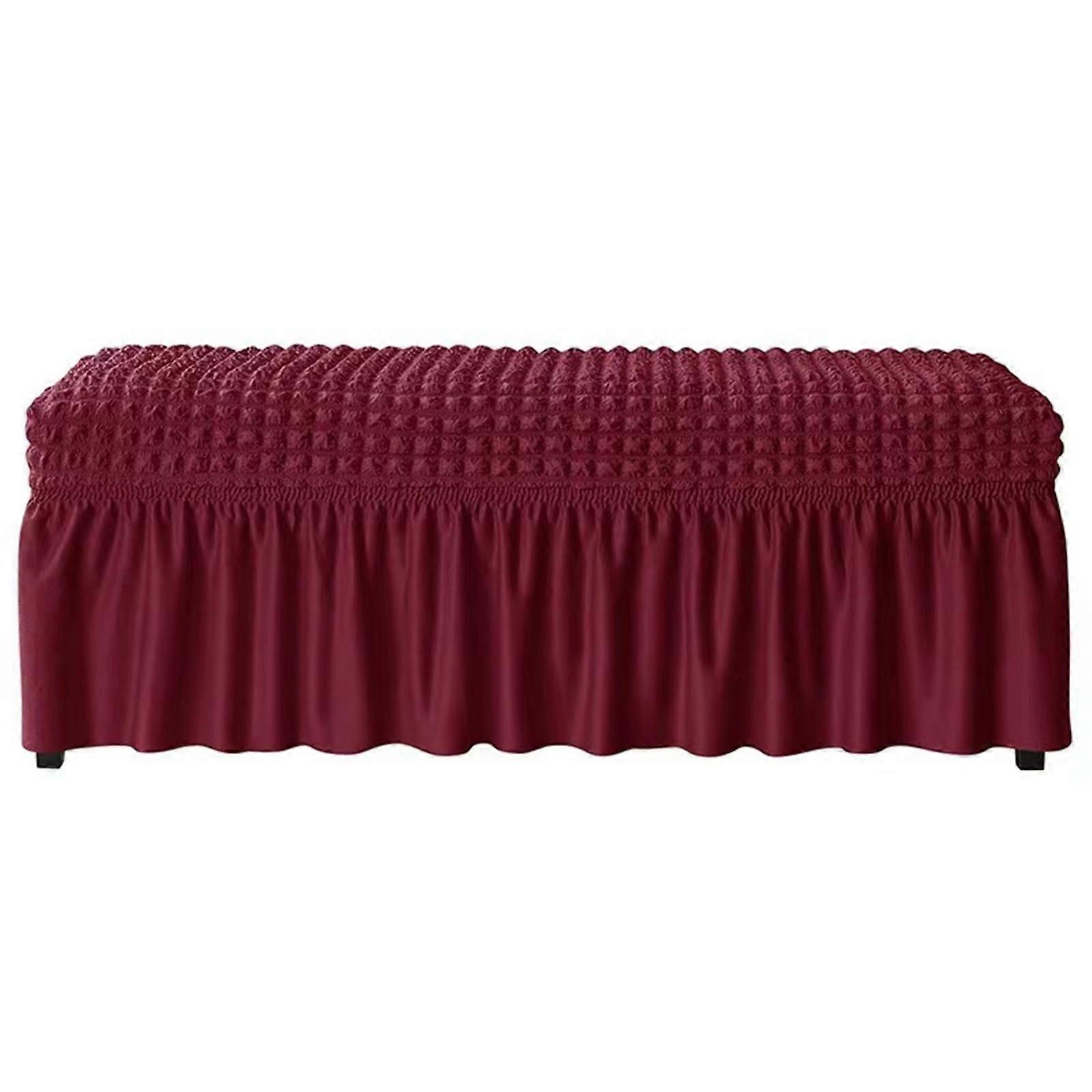 Stretch Dining Bench Covers With Skirted Design, Seersucker Slipcovers, Upholstered Bench Cushion, Red, Size M
