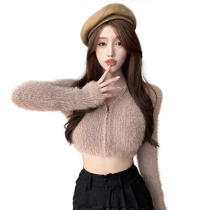 Autumn Women's  Coat Solid Color Zipper Design Plush Sweater 