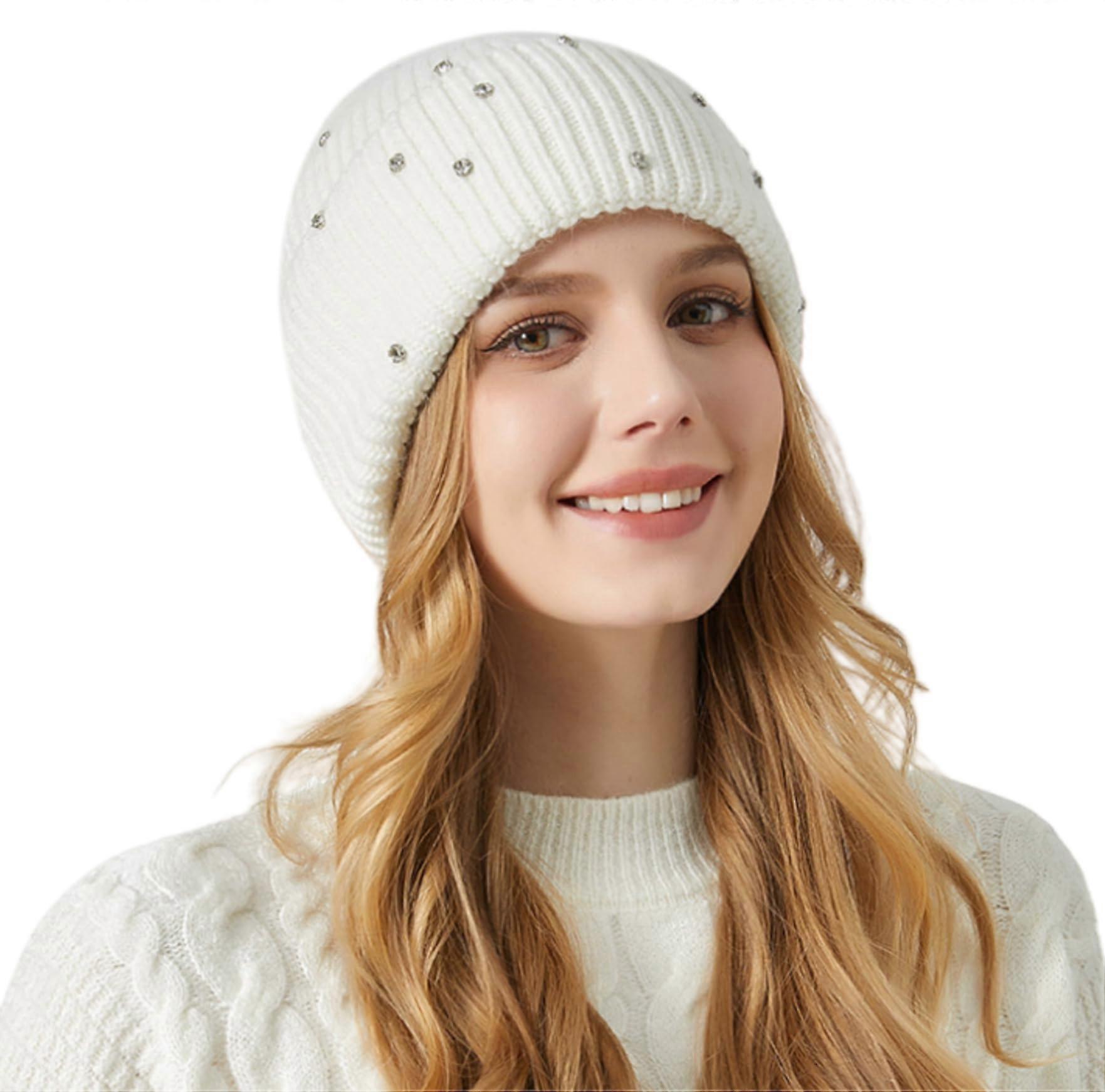 Wool hat, Rhinestone winter hat, winter hat, knitted skull hat, white