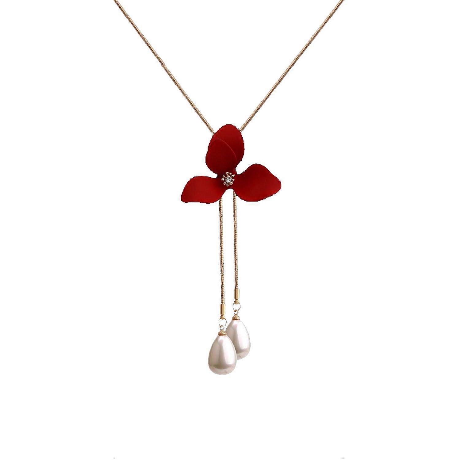 Crystal Flower Necklace Red Flower Pearl Adjustable Long Sweater Necklace Fashion Jewelry for Women
